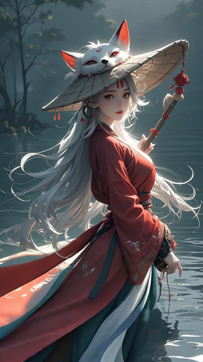 仙狐汉服少女立水畔，水墨玄幻风插画