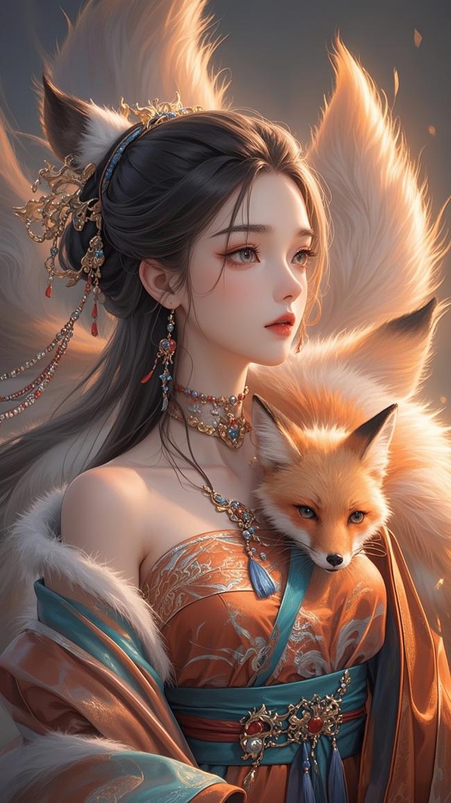 九尾狐仙持狐入梦，华服霓裳映霞光