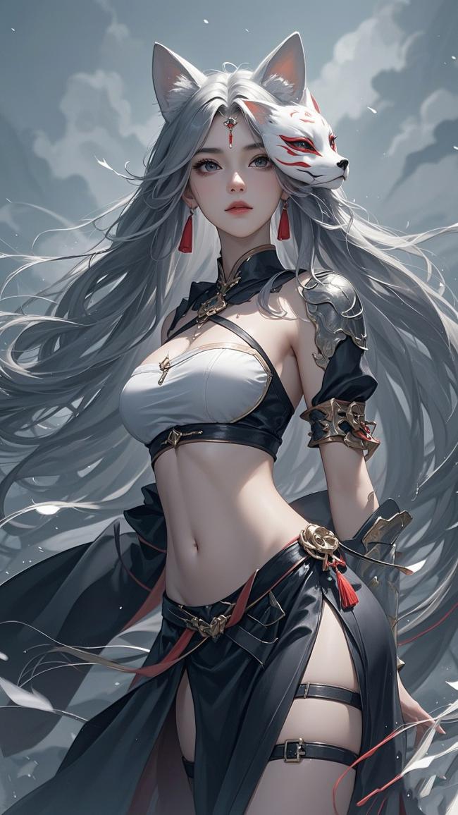 银发狐女战甲立绘：云海中的神秘仙姬