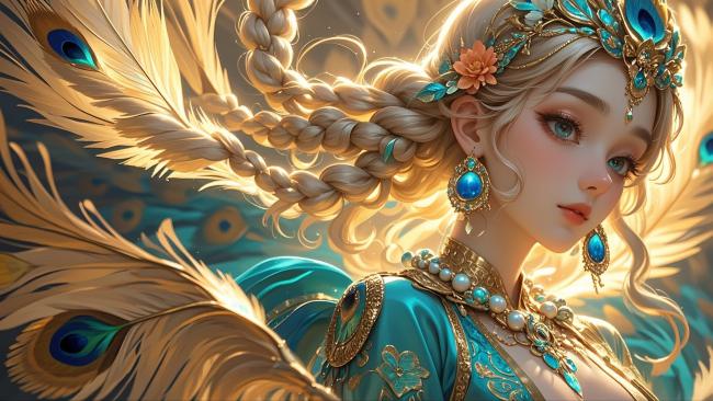 孔雀女神华丽肖像油画风插画