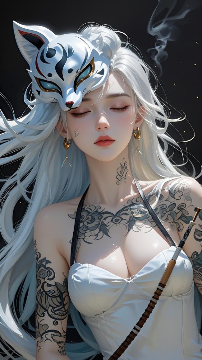 白发狐面少女仙侠写真 | 高清细腻人像插画