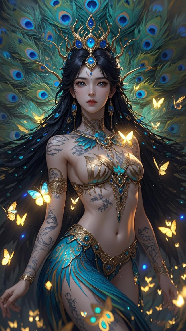 孔雀女神奇幻插画，蓝金羽翼飞舞蝶影