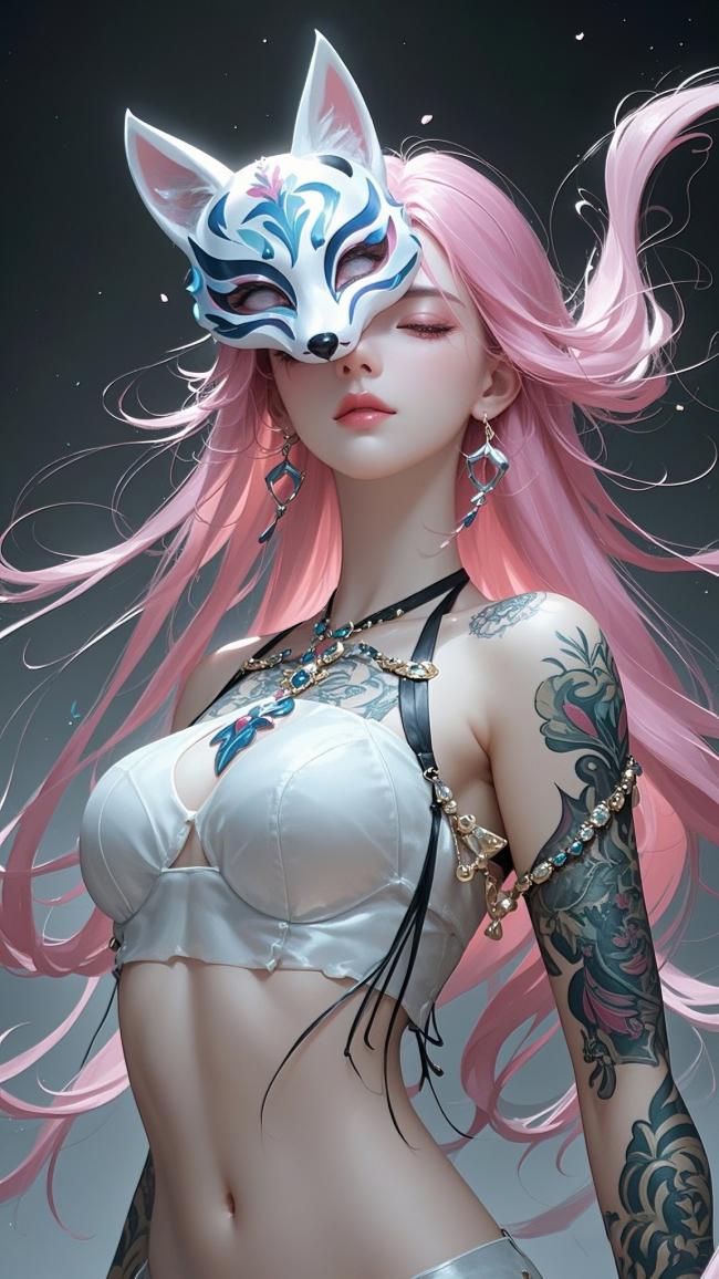 粉发狐妖少女写实插画，面具遮眼神秘性感