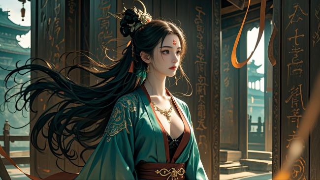 古风仕女立庭中，青绿汉服映霞光