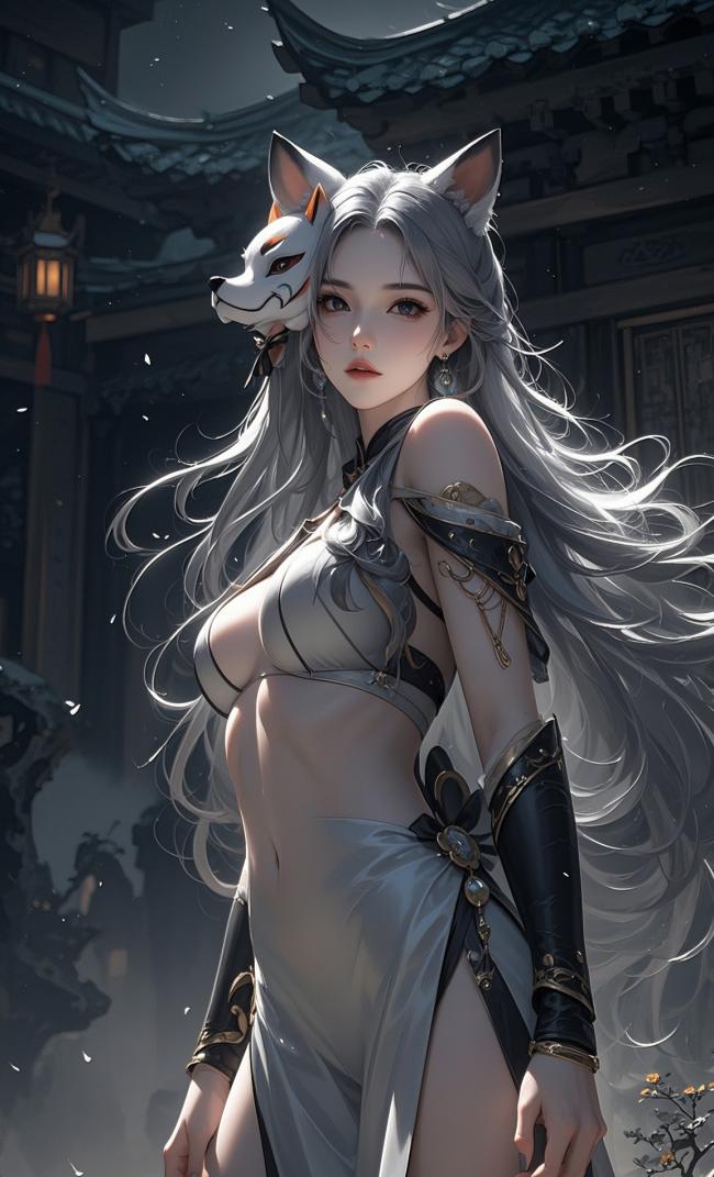 银发狐耳仙侠少女立于古院，光影柔美如画