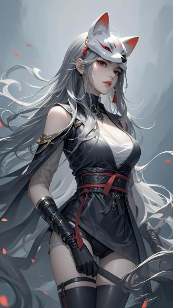 银发狐女动漫插画，暗黑战斗风角色设计