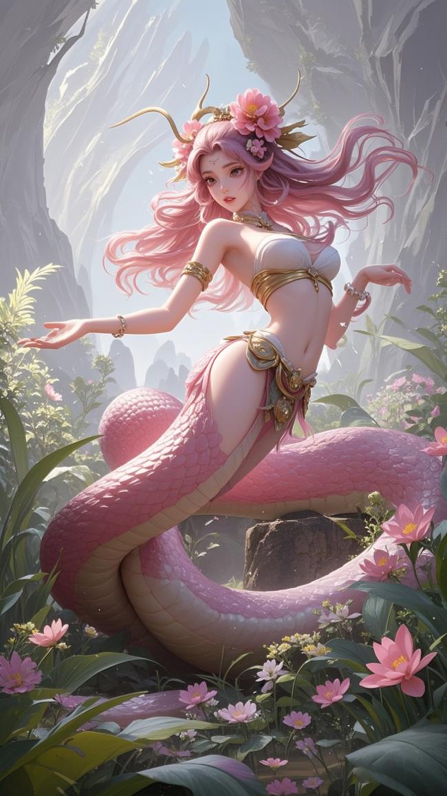 粉发蛇尾仙子栖于花谷仙境