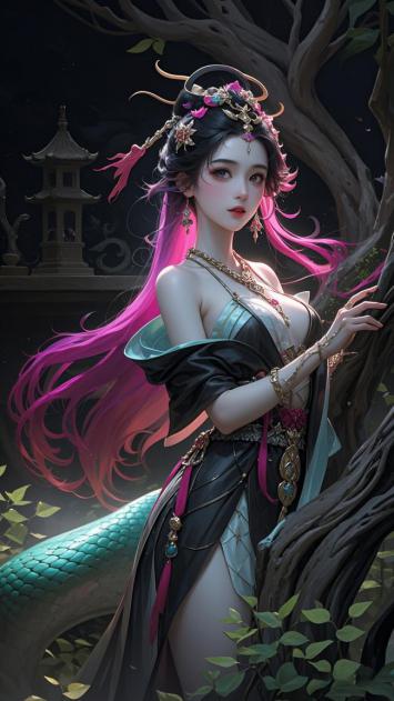 古风仙姬倚树而立，蛇尾幻影映林间