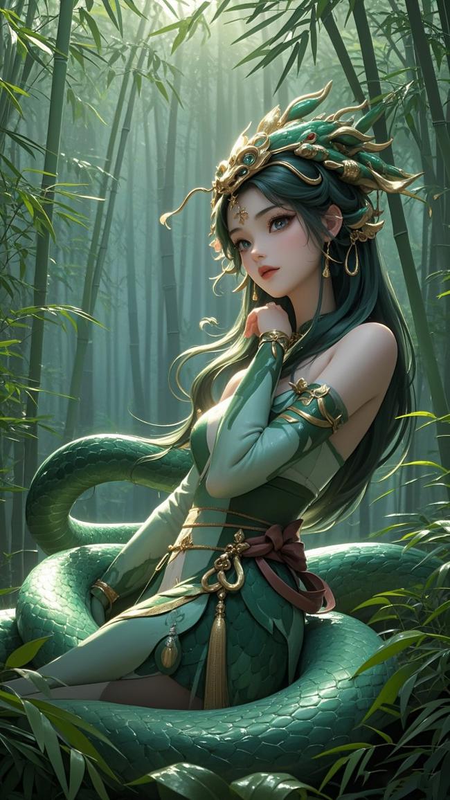 翠绿龙女坐竹林，仙侠玄幻风满屏
