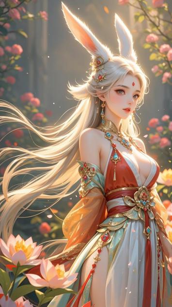 仙兔仙子汉服写真，花海光影梦幻唯美