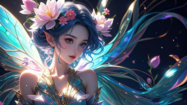 蓝发花冠精灵少女梦幻插画