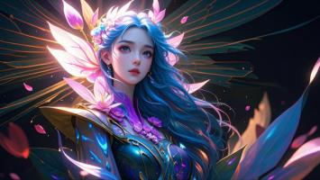 蓝发仙子花瓣飞舞幻想插画