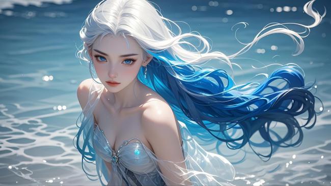 蓝发人鱼少女水下肖像3D渲染
