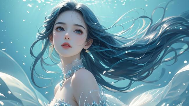 水下蓝发少女插画，水彩风格梦幻唯美
