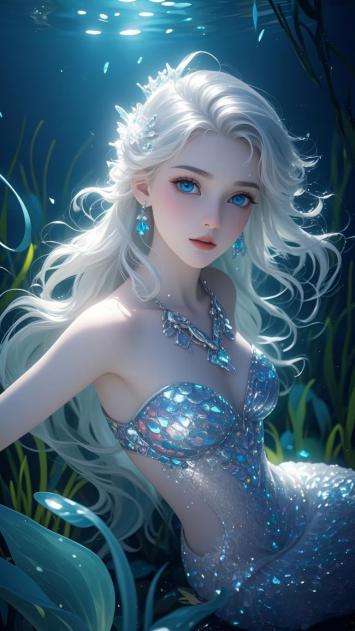 深海银发美人鱼，水晶鳞片闪耀梦幻蓝光