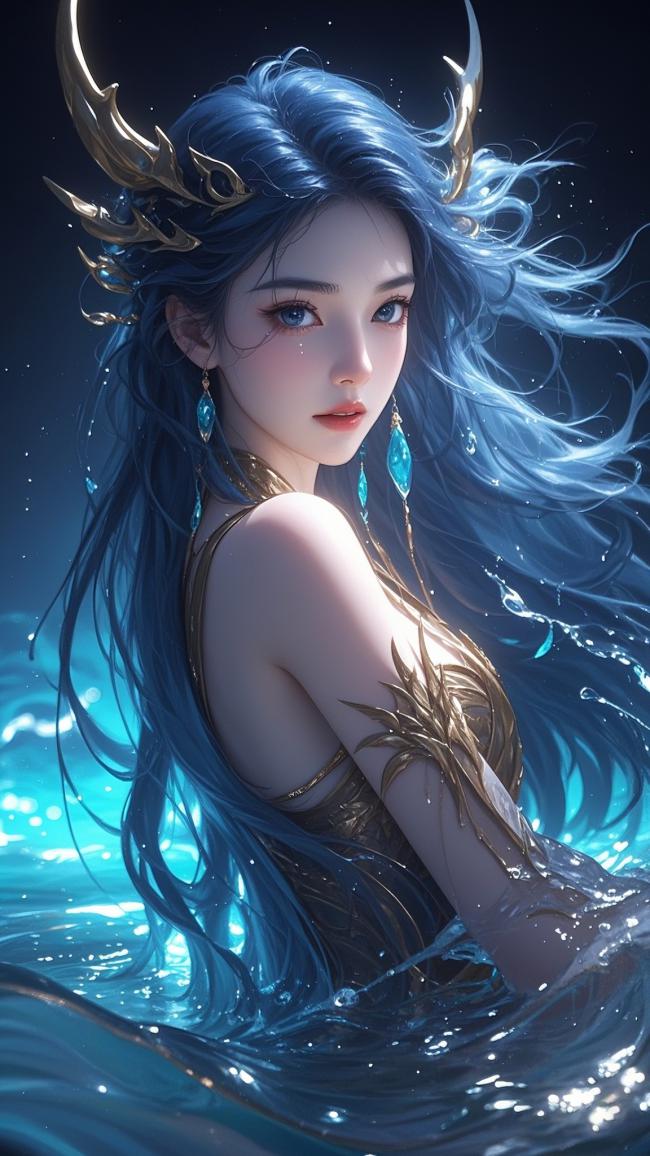 蓝发仙子水中回眸，仙气缭绕的玄幻神女图