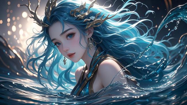 蓝发水神浮浪于海，光影交织如梦似幻