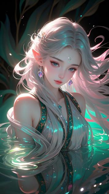 银发仙子沉入碧水，光影流转如梦似幻