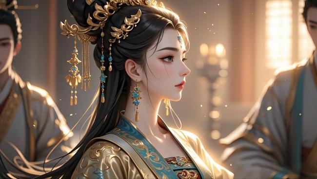 古风仕女汉服写真，金饰流苏映暖光