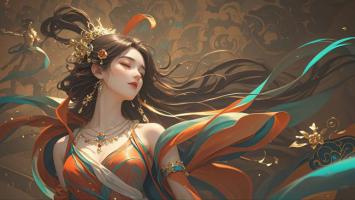 古风仕女飘带飞舞，金云背景梦幻唯美