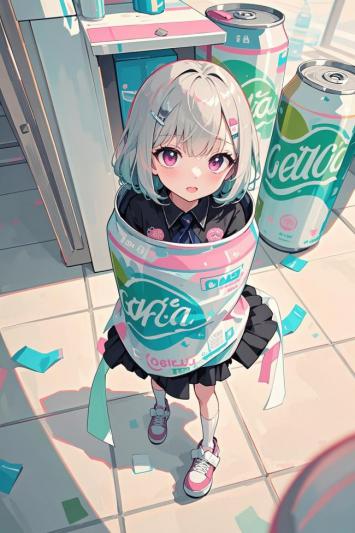 银发少女被可乐罐包裹的二次元插画