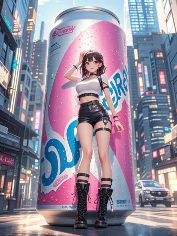 赛博朋克少女倚巨罐霓虹街景