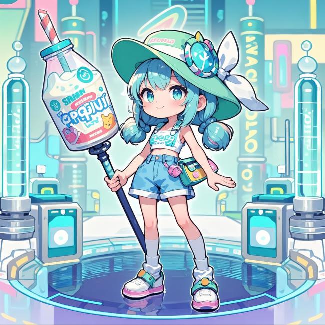 赛博朋克少女持巨饮瓶立于未来实验室