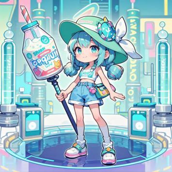 赛博朋克少女持巨饮瓶立于未来实验室