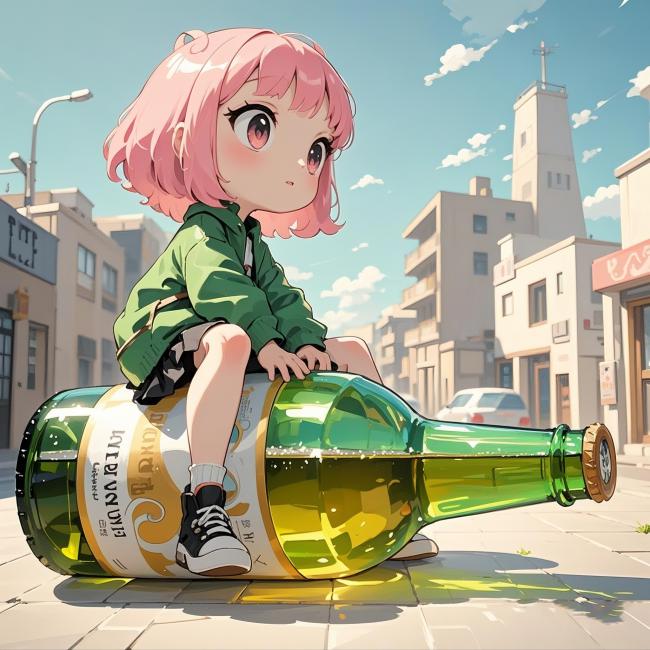 粉发少女坐啤酒瓶街头插画