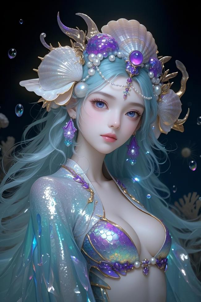 海洋女神写实插画，贝壳头冠与虹彩鳞衣