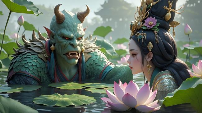 荷塘对视：妖王与仕女的仙侠奇遇
