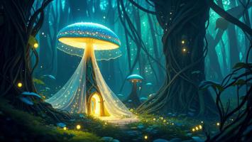发光蘑菇屋隐现幽林深处，魔法森林夜景梦幻如诗