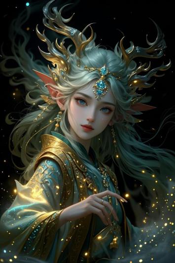 仙侠女神银发鹿冠，星空粒子环绕梦幻场景