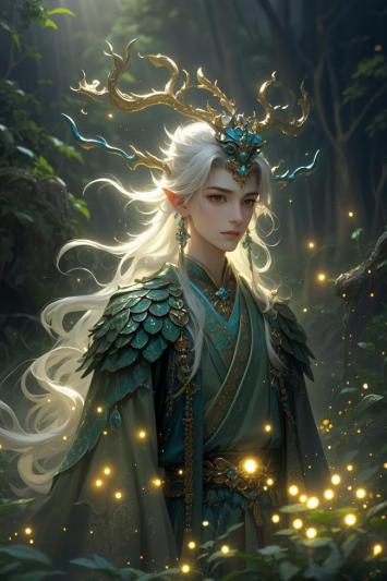 仙侠鹿冠男神立于萤火幽林，青绿华服熠熠生辉