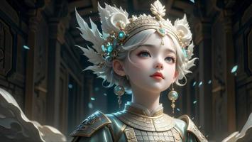 银发仙将立宫阙，蓝宝冠冕映华光