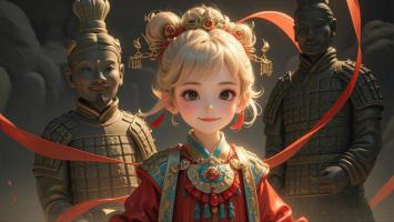 汉服少女邂逅秦俑，水墨动漫风奇幻写真