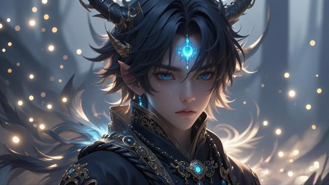 暗黑奇幻男角色立绘，蓝光额饰闪耀