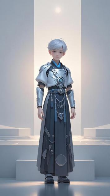 银发少年科幻战甲立绘，极简空间光影效果