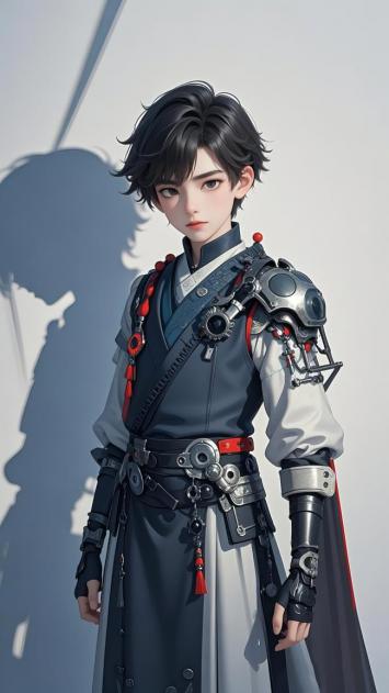 赛博朋克少年汉服战士插画