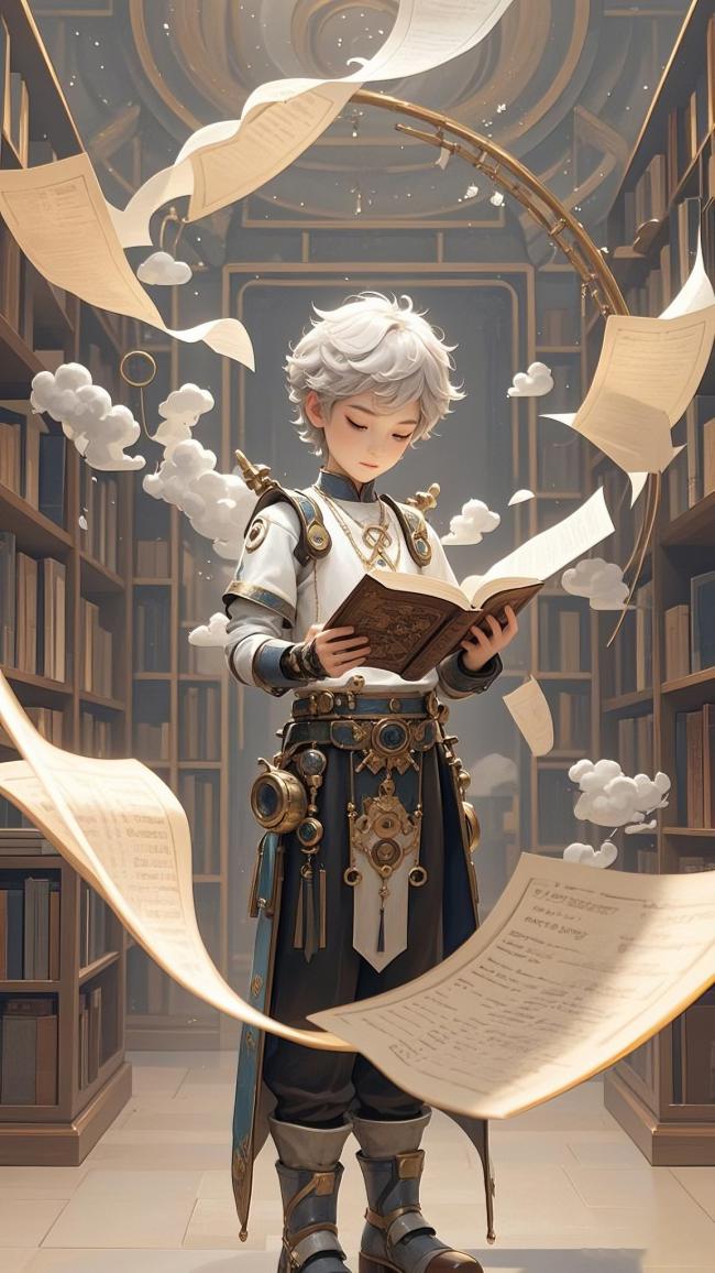 蒸汽朋克少年在魔法图书馆中阅读的奇幻场景