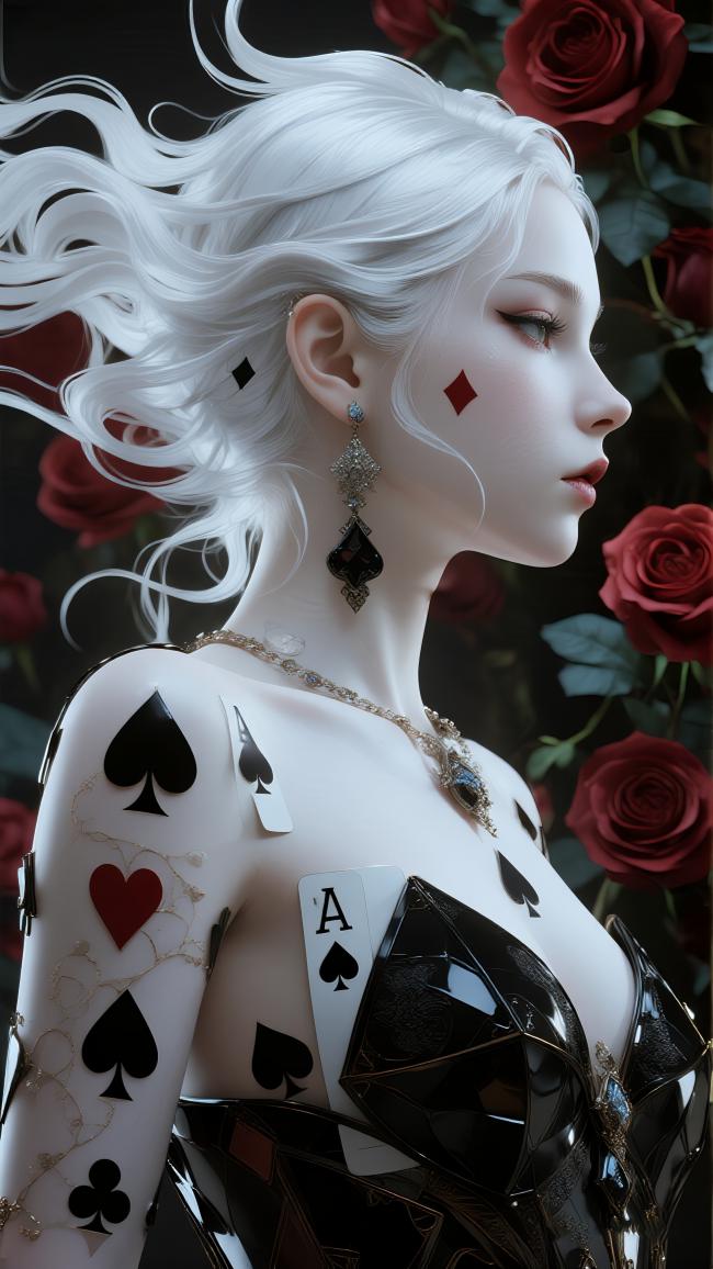 黑桃皇后写实肖像：白发玫瑰与扑克牌的冷艳美学