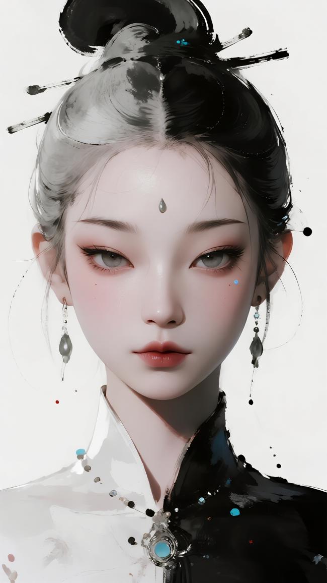 古风仕女水墨肖像，黑白墨染发髻配蓝宝扣饰
