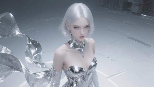 银色机械女战士科幻场景图