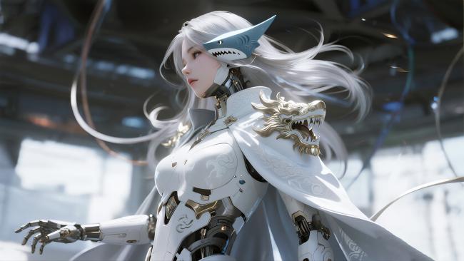 赛博朋克机甲女战士：银发鲨鱼头盔与龙纹铠甲