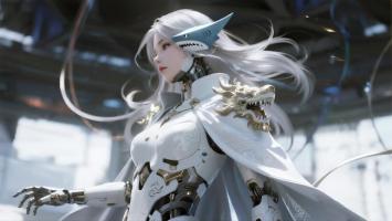 赛博朋克机甲女战士：银发鲨鱼头盔与龙纹铠甲