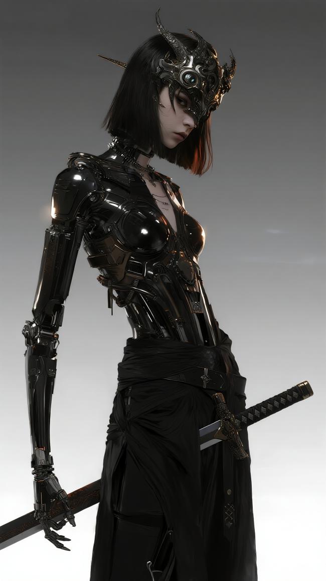 赛博朋克黑甲女战士持剑图
