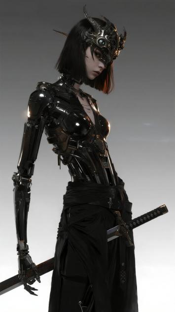 赛博朋克黑甲女战士持剑图