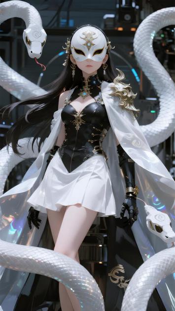 赛博朋克白蛇女战士：面具与机械的科幻美学