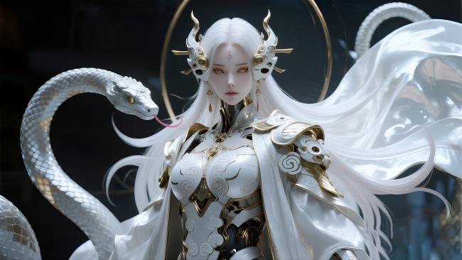 白甲战神与白蛇共舞的奇幻3D场景