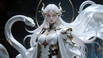 白甲战神与白蛇共舞的奇幻3D场景